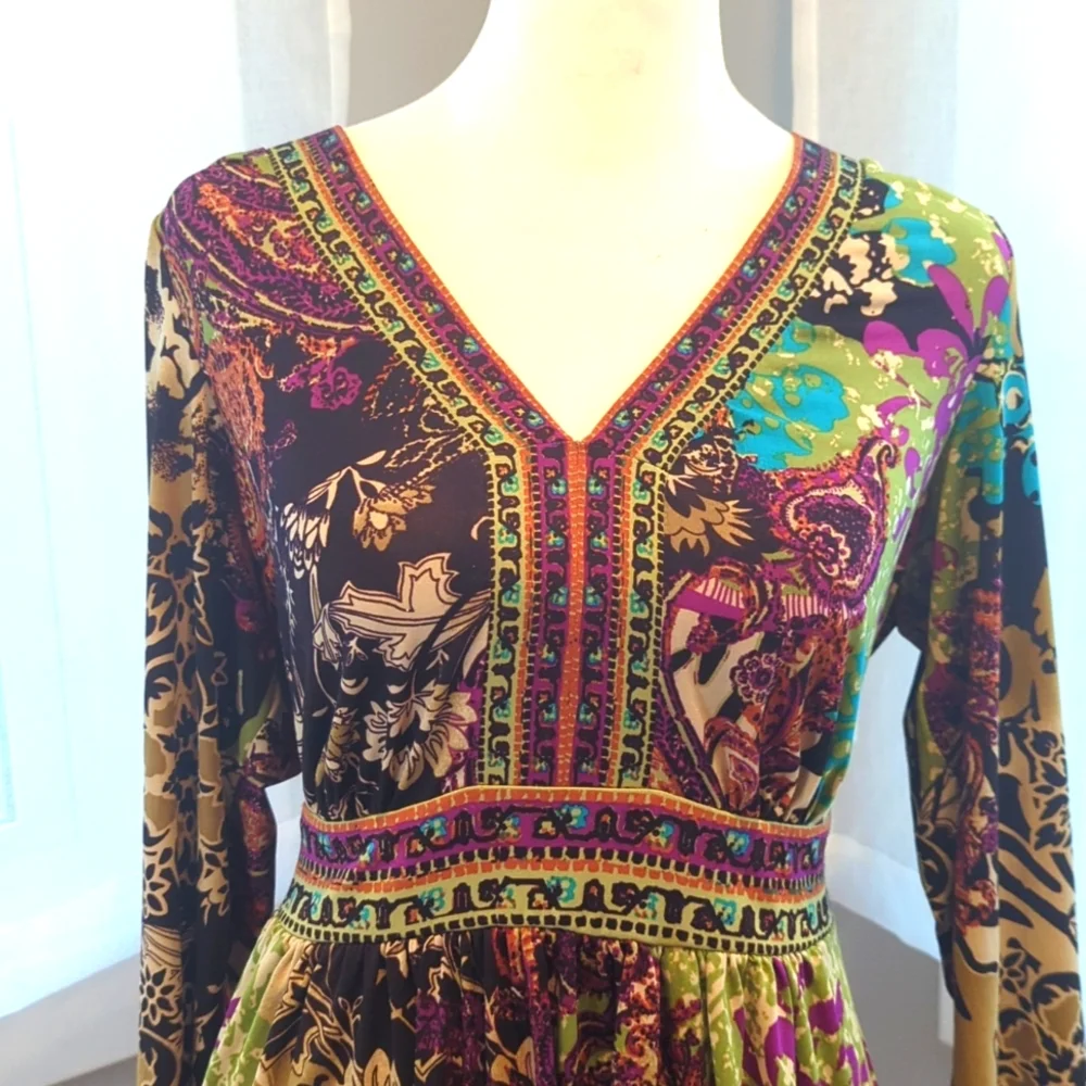 Bohemian midi dress wrinkle free paisley hippie - Picture 2 of 3